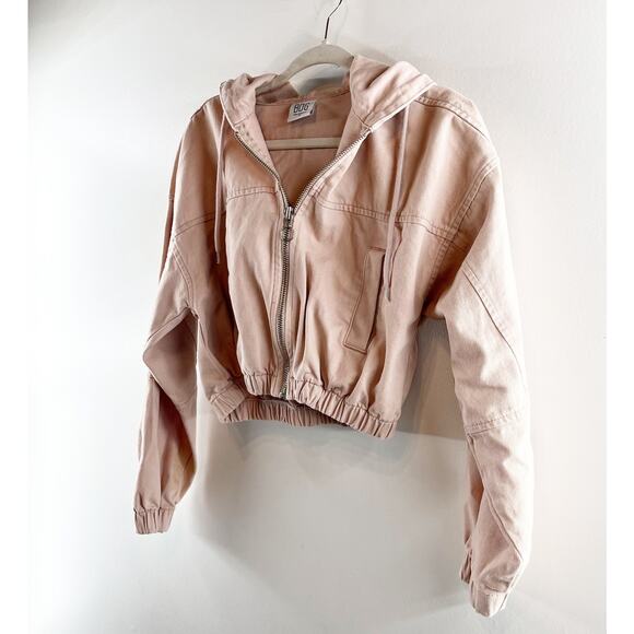 BDG Urban Outfitters Full Zip Cropped Hoodie Bomber Jacket Pink Tan Small - Picture 7 of 8